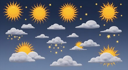 sun,  sun icon,  clouds, Cartoon Sun, Clouds and Stars - Day and Night Weather Icons