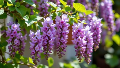 Obraz premium Beautiful cascading clusters of purple flowers with vibrant green leaves in a sunny garden setting