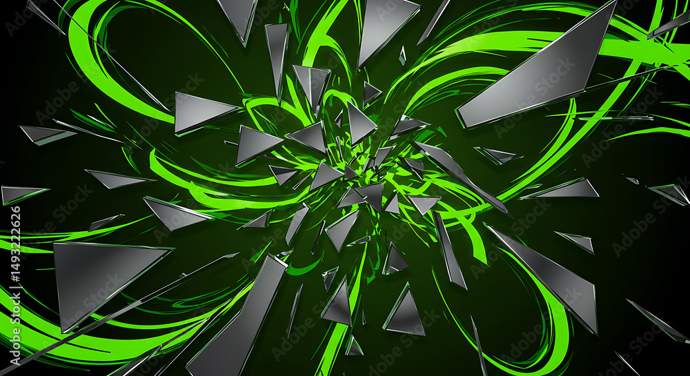 Poster abstract green and grey fractal art exploding triangles and swirling lines