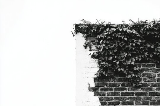 Ivy climbing a brick wall, black and white photography, simple background.