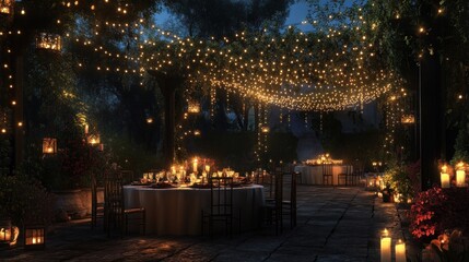 Outdoor dining area at night, illuminated by fairy lights and candles