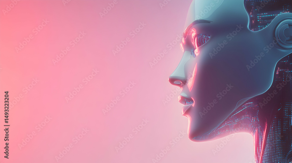 Poster futuristic robot profile with digital code in soft pink light