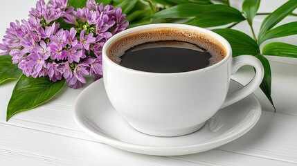 White Cup of Black Coffee with Purple Flowers and Green Leaves