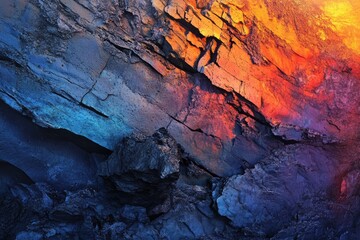 Vibrant rock formation with deep blues and fiery oranges, showcasing texture and color contrast.