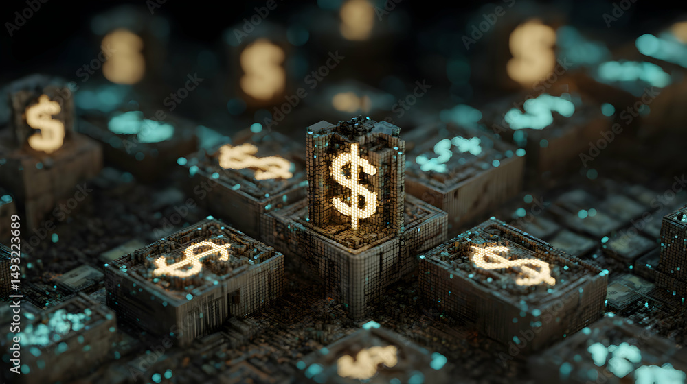 Aufkleber digital currency landscape a blockchain network depicting dollar symbols with futuristic design