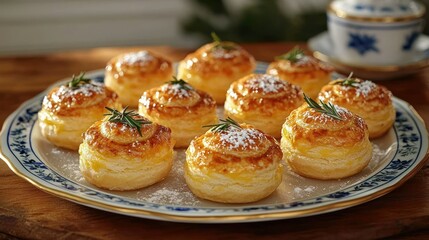 Puff pastry bites, dusted with sugar, arranged on a decorative plate