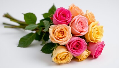 Obraz premium A Vibrant Bouquet of Pink, Yellow, and Peach Roses on a Clean White Background for Celebratory Occasions and Events