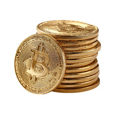 A stack of golden bitcoin coins. They symbolize digital currency and financial investment