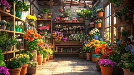 Obraz premium Vibrant flower shop interior, filled with colorful blooms and plants. Sunlight streams through windows, illuminating the display