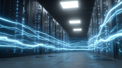 A futuristic data center corridor with glowing blue energy lines flowing between server racks under bright ceiling lights