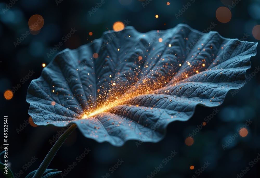 Aufkleber a magical leaf illuminated with sparkling golden particles in a dark setting