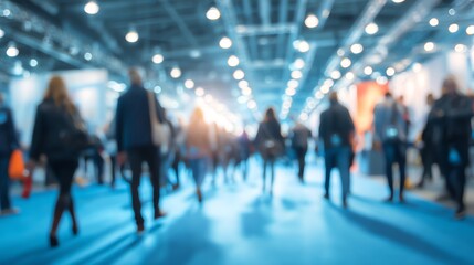A blurred crowd walks through a brightly lit convention center or exhibition hall with blue flooring