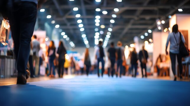 People walk through a brightly lit indoor convention or exhibition hall with a blue carpeted floor