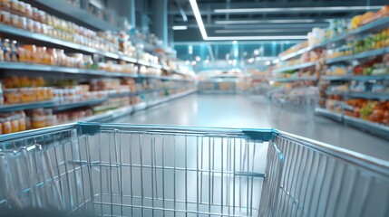 Fototapeta premium A shopping cart in a brightly lit supermarket aisle surrounded by fully stocked shelves with grocery products