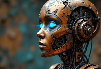 Close-up of a futuristic robot with glowing blue eyes and intricate mechanical details
