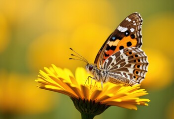 Fototapeta premium A vibrant butterfly perched on a bright yellow flower in a sunny garden
