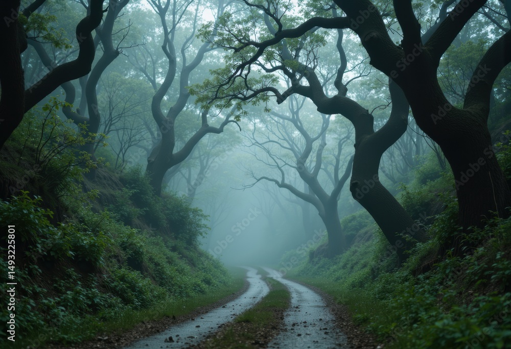 Poster misty forest path surrounded by twisted trees and lush greenery