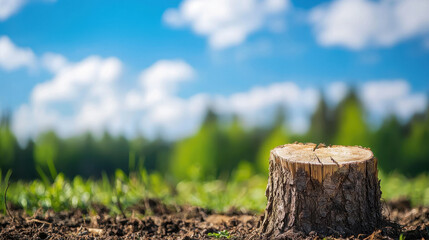 Fototapeta premium Tree stump stands prominently deforested area, surrounded by lush greenery and bright blue sky. scene evokes sense of nature