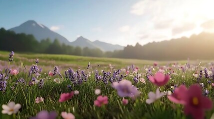 Obraz premium Serene Sunrise Meadow Landscape Featuring Lavender and Cosmos Flowers Blooming in a Picturesque Mountain Valley