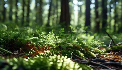 A close view of the forest floor thick with vibrant green moss ferns fallen branches and dappled sunlight filtering through the leafy canopy above