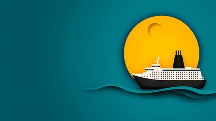 Cruise Ship at Sunset Teal Sea, Yellow Sun, Paper Art Style