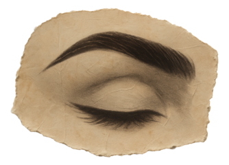 Charcoal drawing of a closed eye with thick eyebrows and long eyelashes on aged paper, showcasing realistic artistry on transparent background.