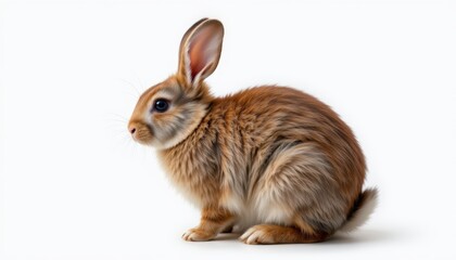 Obraz premium Adorable fluffy rabbit with soft fur sitting gracefully against a clean white background, showcasing its charming features and curious gaze