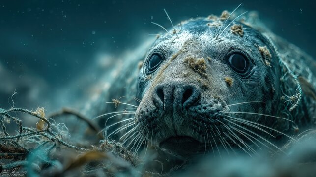 Seal Entangled in Abandoned Fishing Net on Seabed &ndash; Underwater Environmental Traged