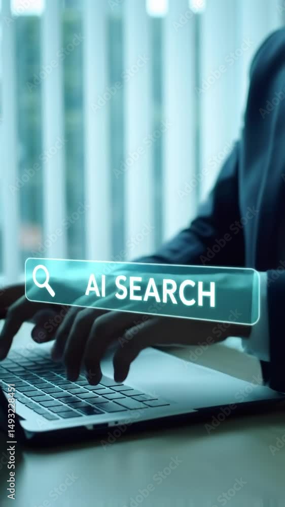 Aufkleber a person is focused on typing at a laptop in a contemporary office space, utilizing an ai search fea
