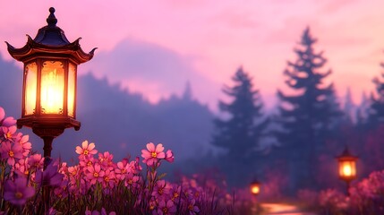 Illuminated Lantern Path Pink Flowers and Misty Sunset Serene Garden Scene at Dusk
