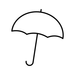 Simple black line drawing of an open umbrella with curved handle, ideal for weather or rain protection themes. Vector illustration
