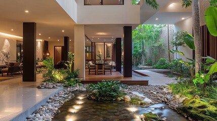 Modern, open-plan home with lush indoor garden.  Features a courtyard,  natural light, and contemporary design