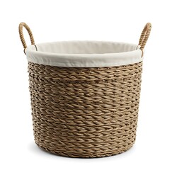 Obraz premium a woven laundry basket with cotton lining and leather handles, soft natural shadow, high definition product shot, advertising quality, isolated on white background
