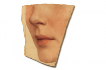 A torn piece of aged paper featuring a detailed classical painting of a woman's nose and lips on transparent background.