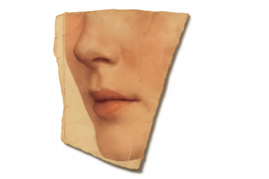 A torn piece of aged paper featuring a detailed classical painting of a woman's nose and lips on transparent background.