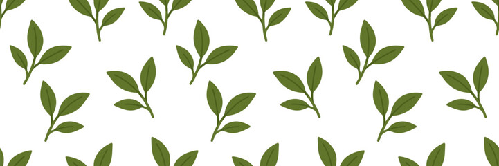Repeating pattern of simple green leaf sprigs on white background, perfect for nature-themed, botanical, or organic design projects. Vector illustration