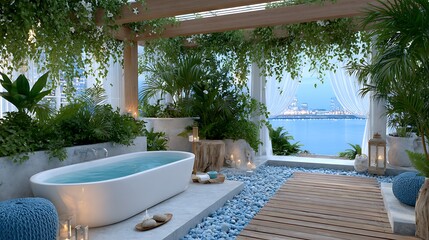 Tropical Glasshouse Bath with White Tub and Reclaimed Wood Accents by Scenic Waterfront