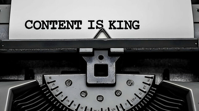 Naklejki Typewriter with a sheet of paper and the inscription "CONTENT IS KING" on it. Concept of the importance of content and retro style in communication and creativity.