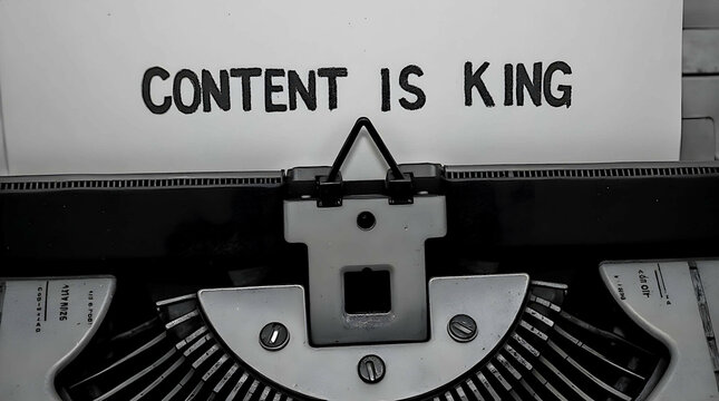 Naklejki Typewriter with a sheet of paper and the inscription "CONTENT IS KING" on it. Concept of the importance of content and retro style in communication and creativity.
