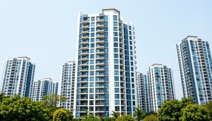 Fototapeta premium Modern Residential Buildings Surrounded by Lush Greenery in a Urban Setting Under Clear Blue Sky