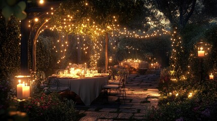 Romantic garden party at night.  Warm lighting,  rustic tables, and lush greenery create a magical ambiance