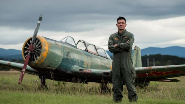 Aviator in Green Flight Suit Posing Near a Vintage Aircraft on a Grassy Field Under a Cloudy Sky Landscape With Mountains in Background
