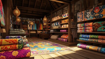 Naklejka premium Wooden shop filled with colorful fabrics