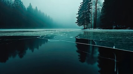 Frozen lake reflecting a misty forest. - Powered by Adobe