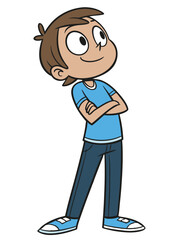 A cartoon character with brown hair, wearing a blue t-shirt, dark pants, and blue shoes.