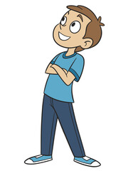 A person with brown hair, wearing a dark shirt and light pants, stands with a hand on their chin and a thought bubble with three dots above their head, indicating contemplation.
