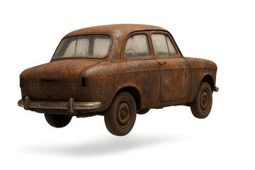 A rusty, vintage sedan car with weathered windows and visible wear, appearing to be suspended without wheels on transparent background.