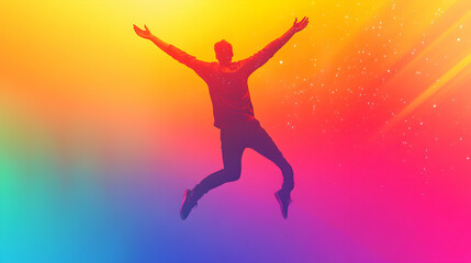 Fototapeta premium Joyful Person Leaping Against Bright Colorful Background