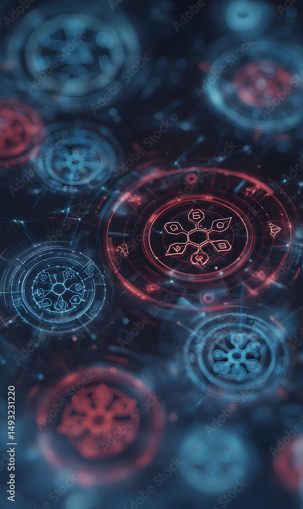 Poster abstract futuristic technology interface displaying intricate circular designs and glowing network c
