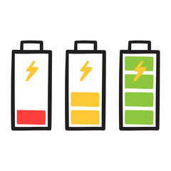 Doodle battery icons in hand-drawn cartoon style.Red, yellow, and green levels representing low to full charge.